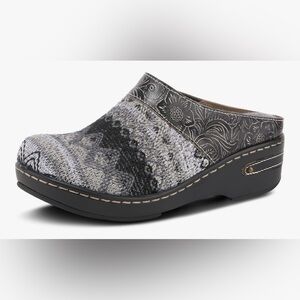 Spring Step L’Artiste Wool Clogs Boho Embossed Leather Mule Black Gray Hippie 10